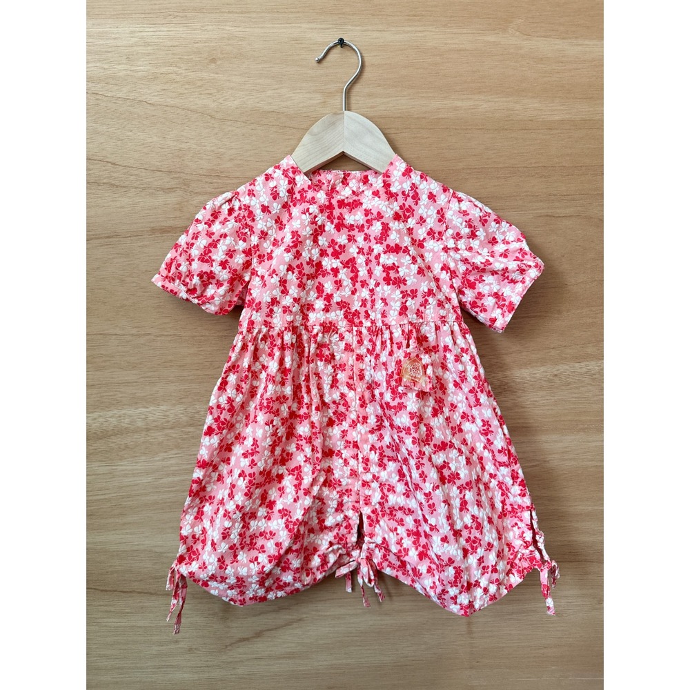 Baby Girl Pink Red Floral Romper Jumpsuit Ruffle Sleeves Tie Front Size 24M